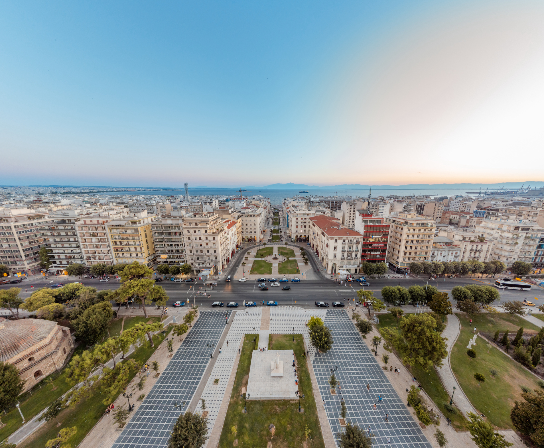 Panoramic aerial photo of Thessaloniki and Aristotelous Square at summer at twilight - dusk